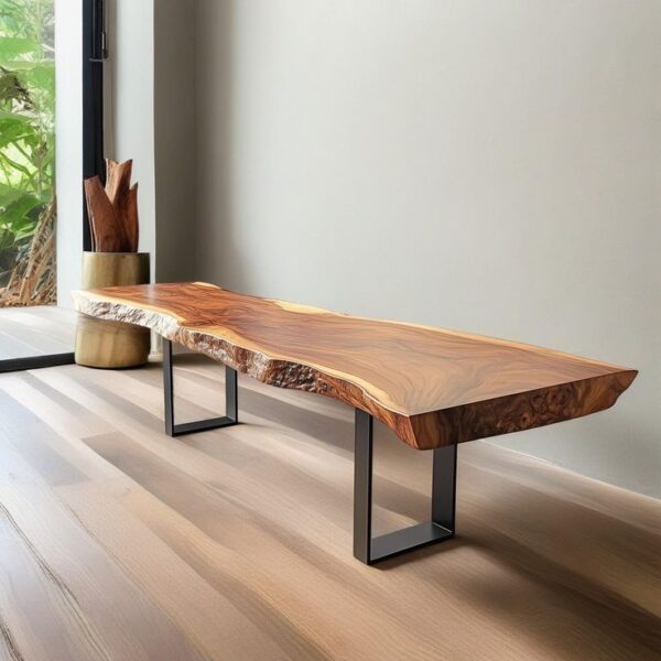 Acacia Live Edge Wood Bench with Black X-shaped Legs/Natural Color