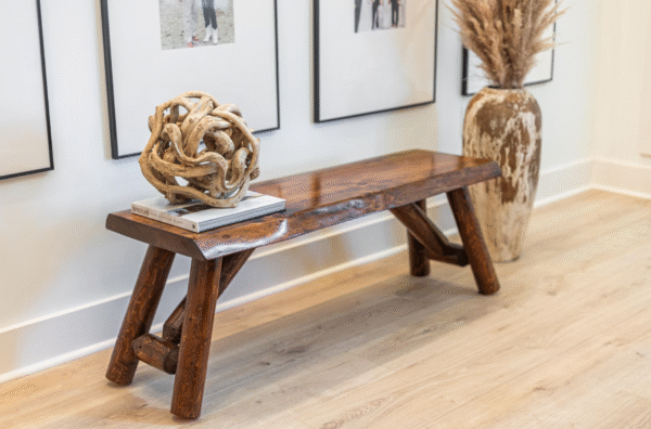 Acacia Live Edge Wood Bench with Black U-shaped Legs/Honey Walnut